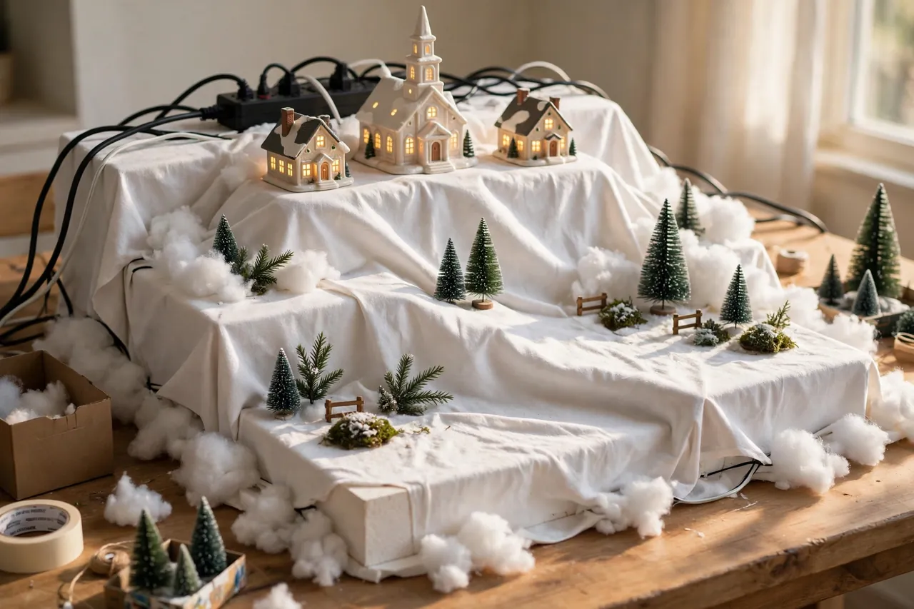 Tiered white cloth and foam risers forming hills under a Christmas village, with a power strip and cords at the back