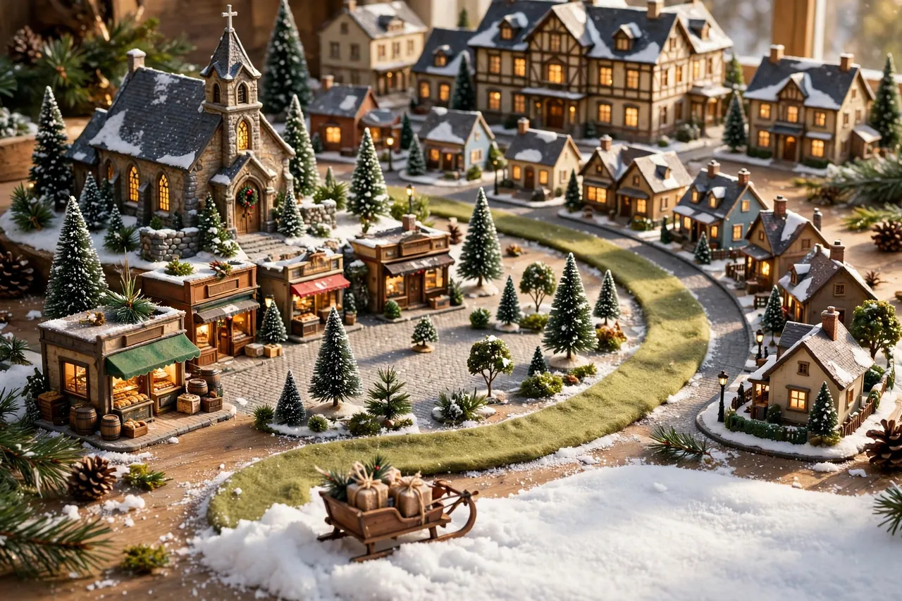 A miniature Christmas village laid out like a real town with a church, shops, a curved path and a sleigh