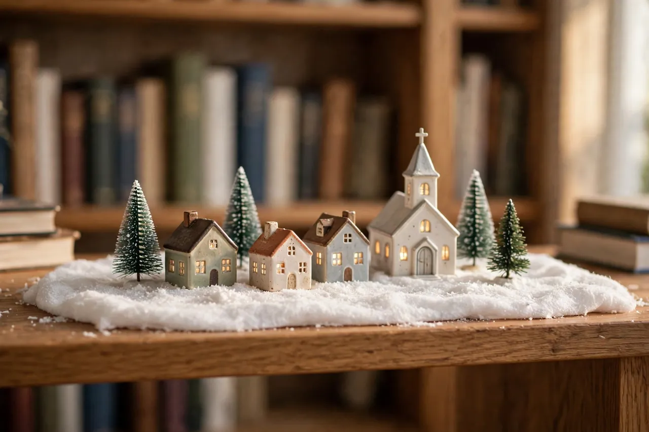 A small Christmas village of a few houses and a church on a single bookcase shelf