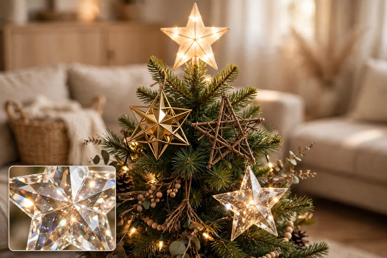 Christmas tree crown with a lit star topper, a gold geometric star, a rustic twig star and faceted glass stars