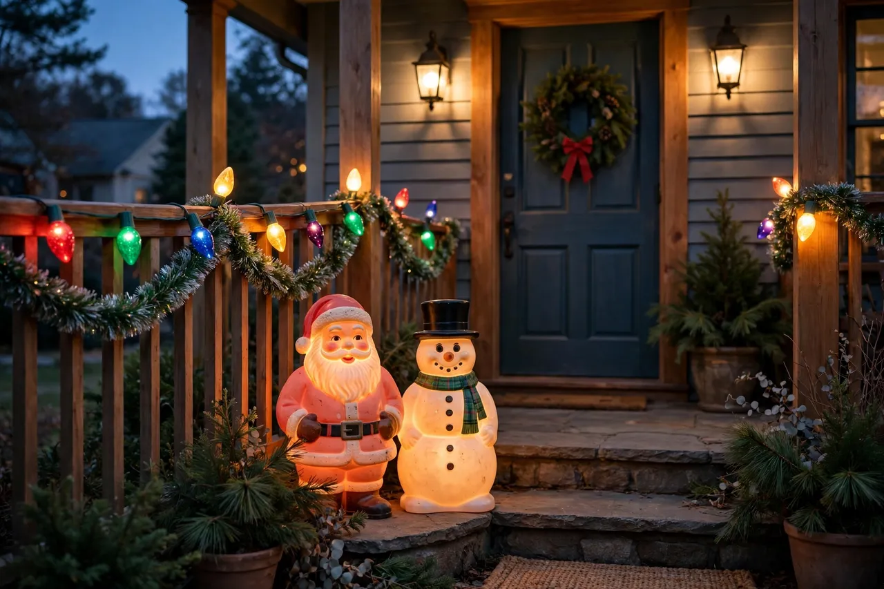 Glowing vintage blow mold Santa and snowman grouped by front steps with fat colorful C9 bulbs and tinsel garland on the porch rail and a wreath with red bow on the door