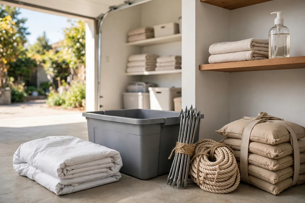 Folded deflated inflatable fabric beside an open storage bin with bundled stakes, tether rope and sandbags in a bright garage