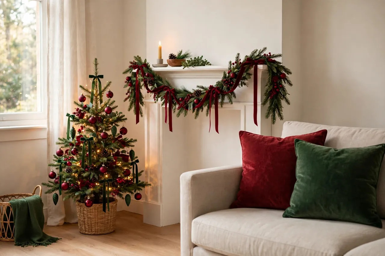 Small Christmas tree and fireplace mantel decorated in matching deep red and green, with velvet cushions in the same colors