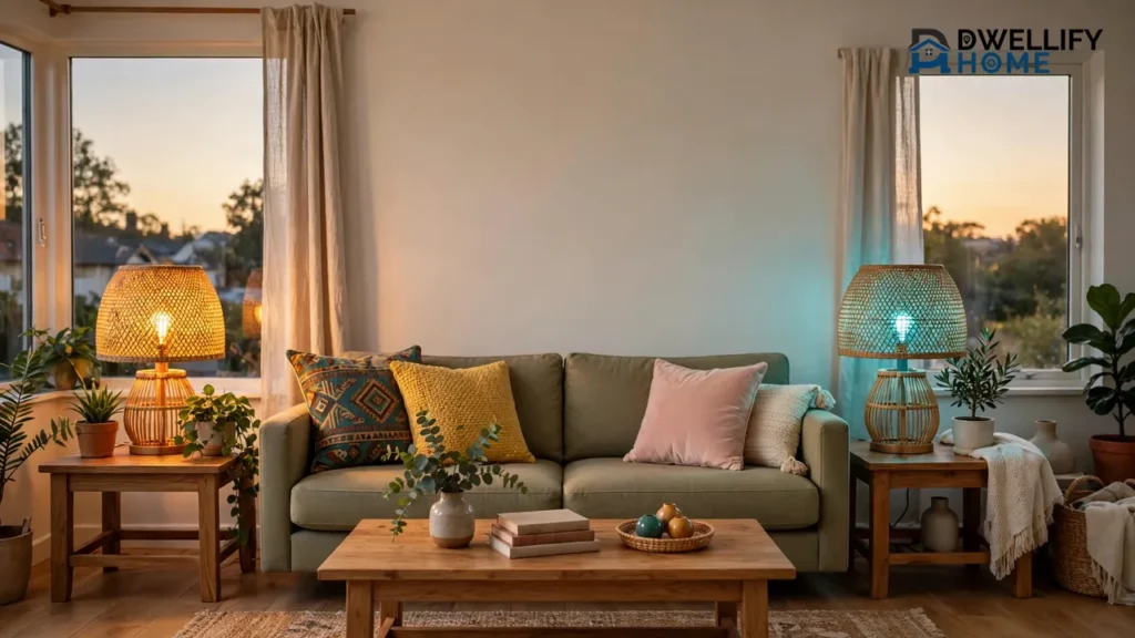 Living room with two lamps using color changing bulbs — one glowing warm amber, the other soft teal
