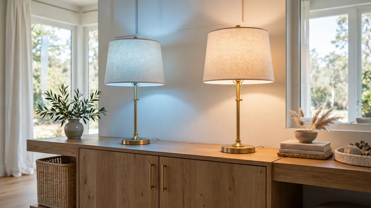 Two identical lamps side by side: one glowing flat cold blue-tinted white from RGB mixing, the other clean warm tunable white