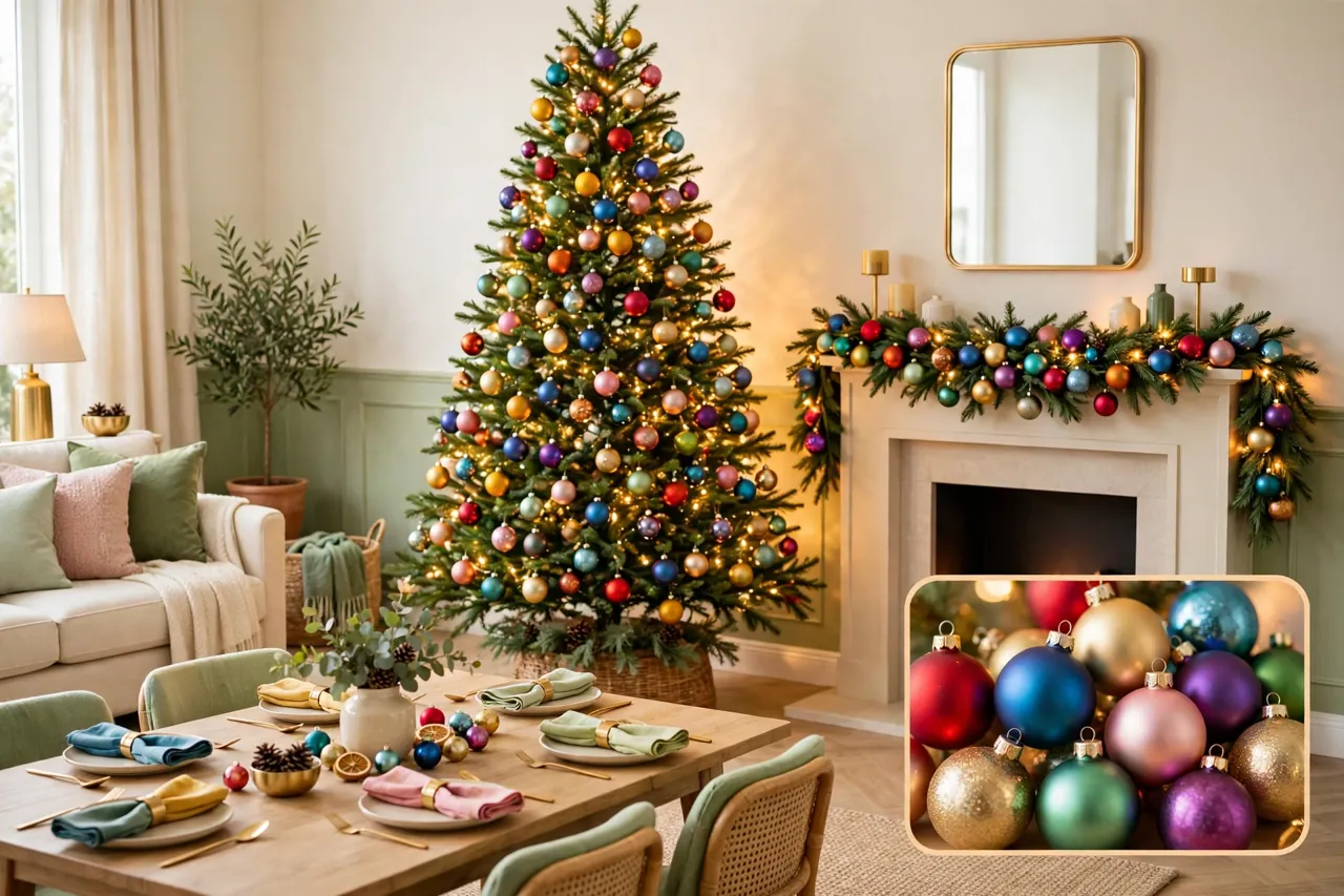 A bright, balanced colorful Christmas living room overview with a multicolor tree, matching mantel garland, and a dining table set with colorful napkins and a simple centerpiece, with a magnified inset of multicolor baubles