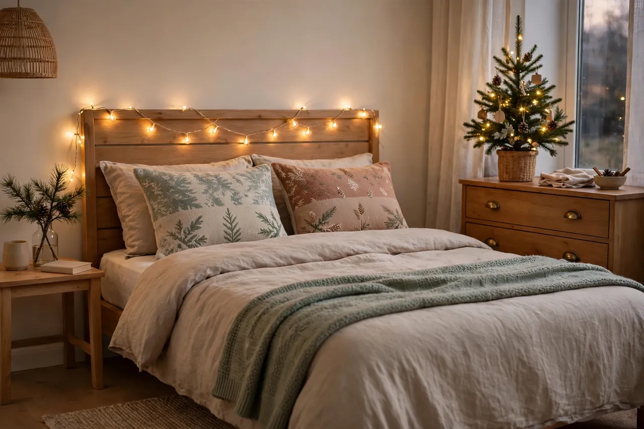 Calm bedroom with festive pillow covers, a throw across the bed, fairy lights along the headboard, a pine branch in a vase, and a small tabletop tree on a dresser