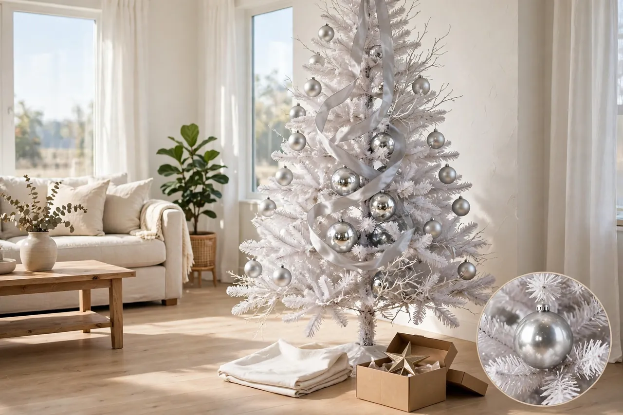 White Christmas tree half decorated with silver ribbon and silver baubles, star topper and tree skirt waiting on the floor