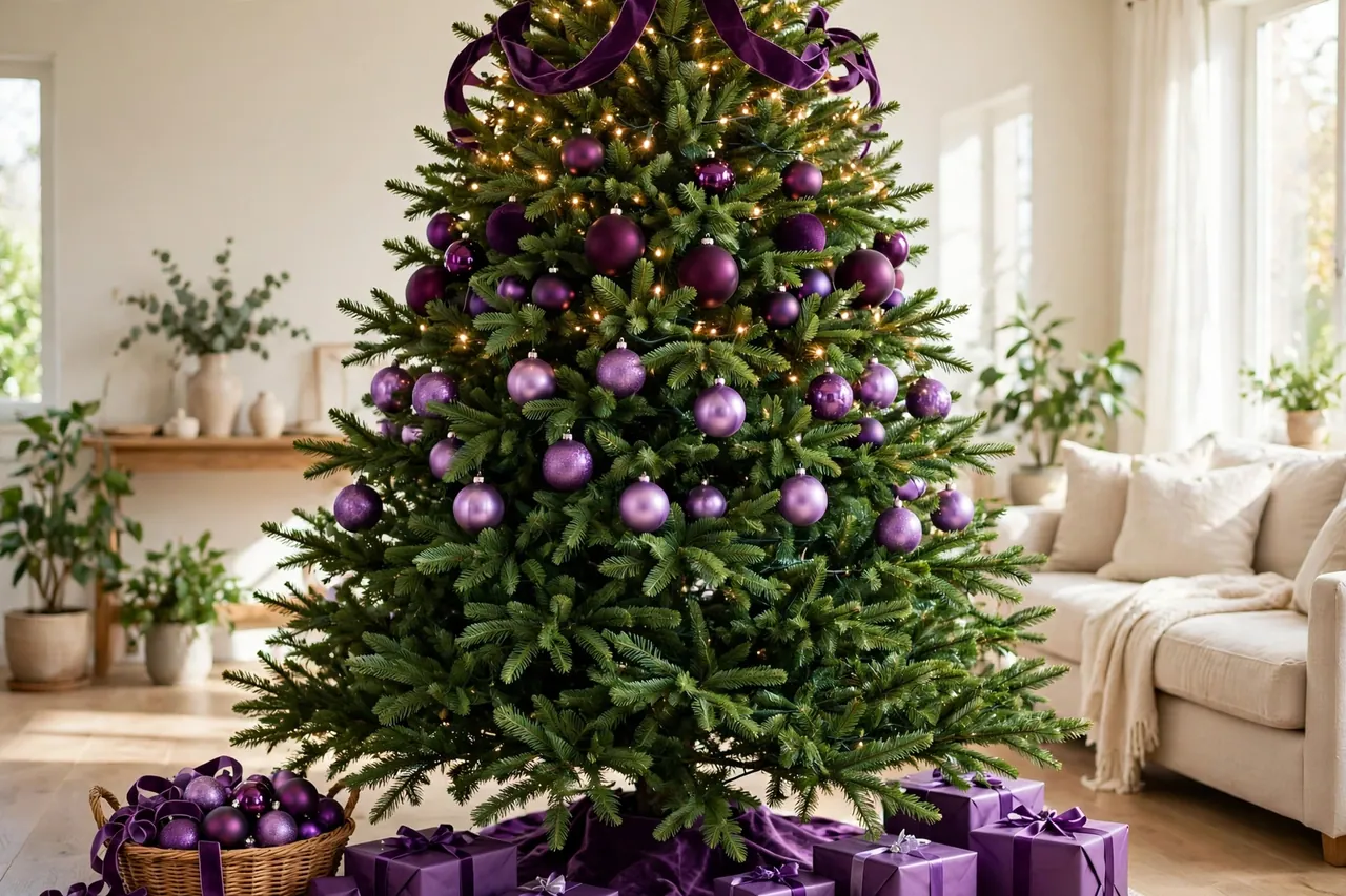 A full green Christmas tree mid-decoration in a bright living room, with warm white lights, plum and violet ornaments and ribbon loops on the upper branches, a basket of spare purple ornaments and ribbon, and purple gifts and a purple tree skirt at the base