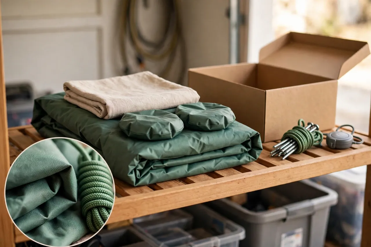 Neatly folded inflatable fabric and a soft cloth on a garage shelf beside an open storage box, a bundle of stakes and tethers, and a spare timer