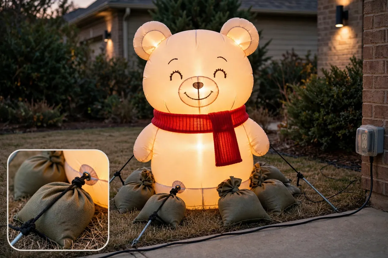 Glowing round-eared inflatable anchored with sandbags and tethers on dry grass, with its cord running along a dry patio edge to a covered outdoor outlet