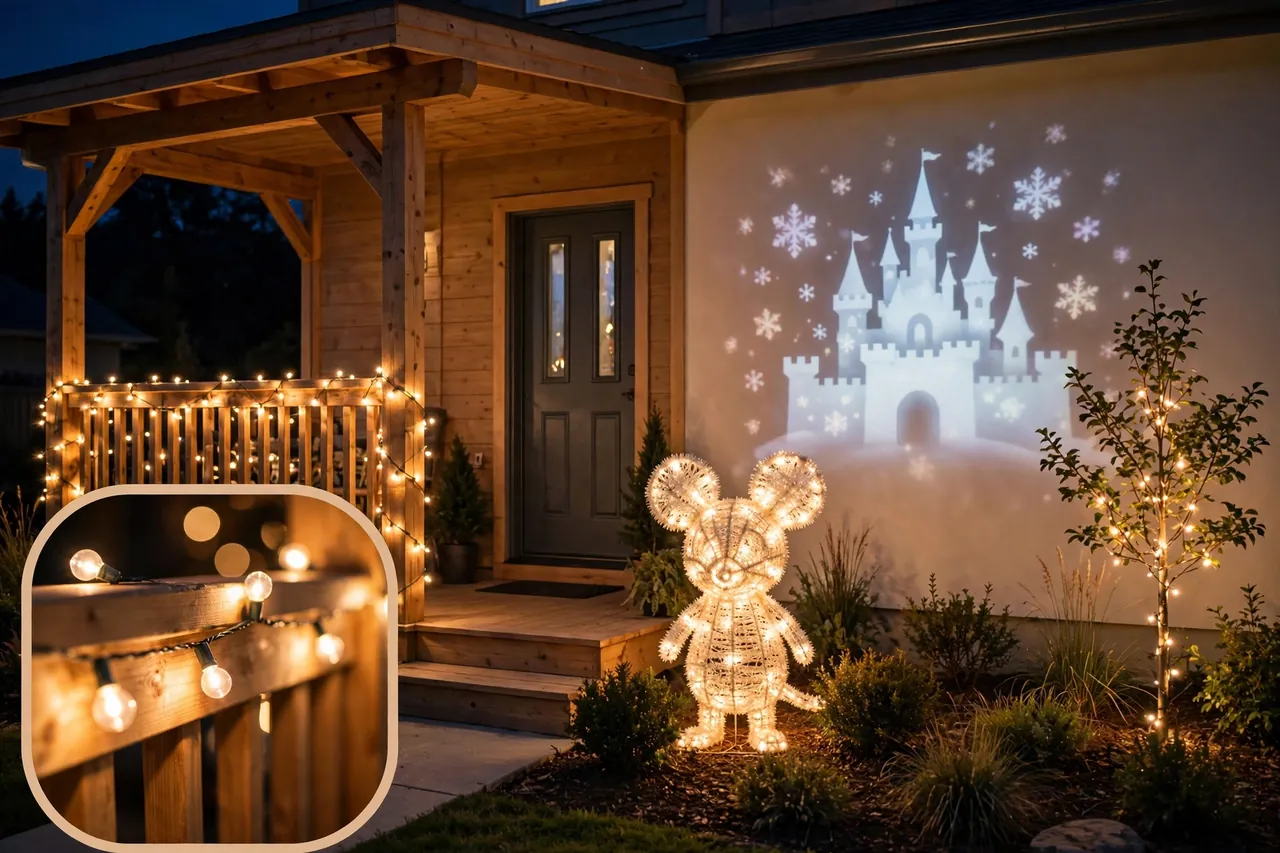 Porch at night with warm string lights on the rail, a glowing round-eared wire yard figure by the door, and a castle silhouette with snowflakes projected on the garage wall