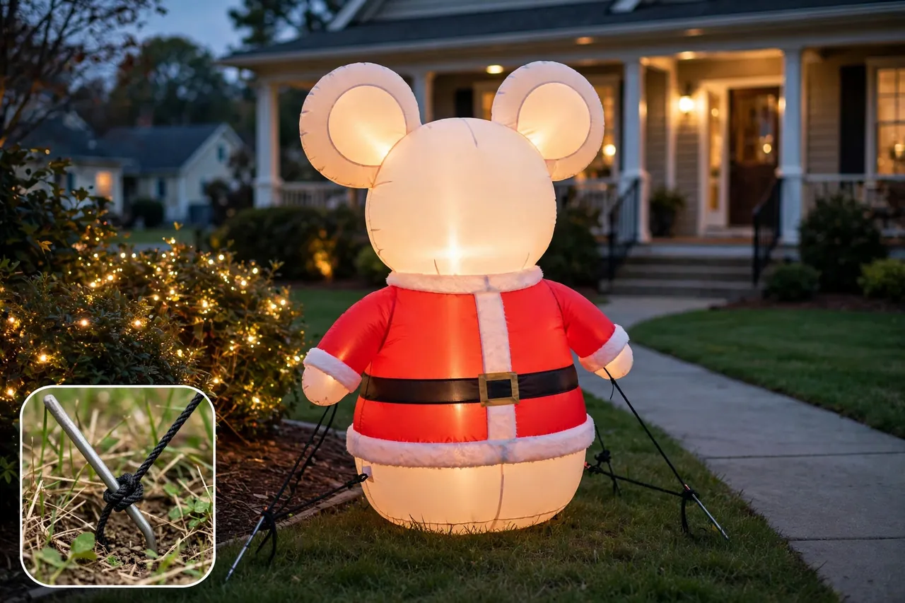 Glowing round-eared Santa inflatable standing alone on a front lawn beside a walkway, with tethers and stakes and warm lights in a nearby bush