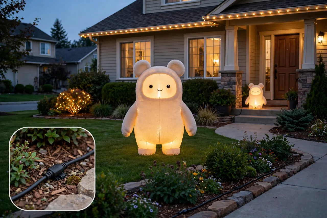 Front yard seen from the street with a tall glowing round-eared figure in the center lawn, a smaller glowing figure by the front door, roofline lights, and a cord tucked along a flower bed