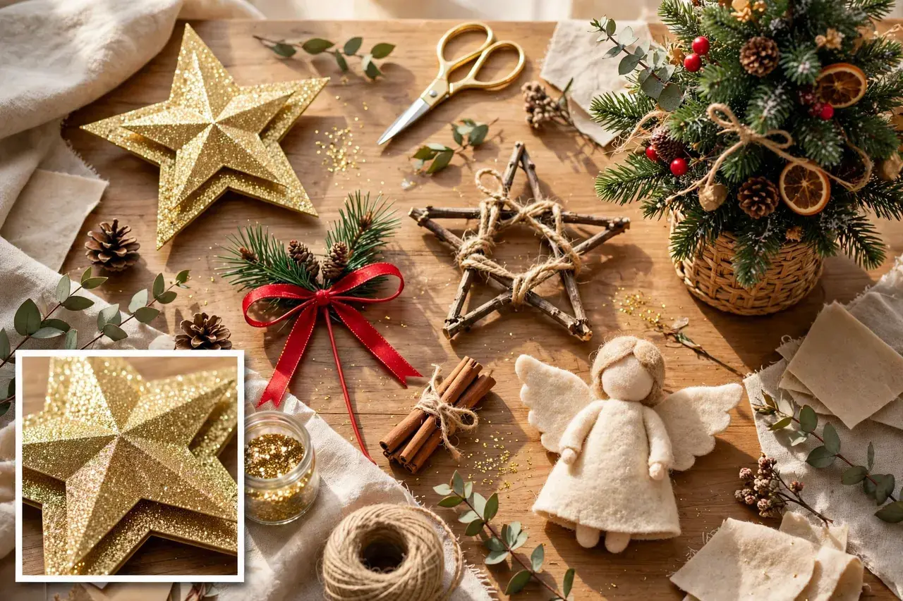 Craft table with a glitter gold paper star, a twig star tied with twine, a red ribbon bow and a felt angel beside a small decorated tree