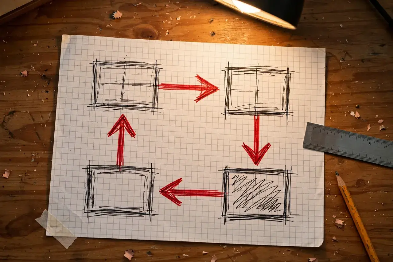 Hand-drawn haunted house route plan on graph paper under a warm desk lamp, with four room boxes and red arrows tracing a one-way guest path.