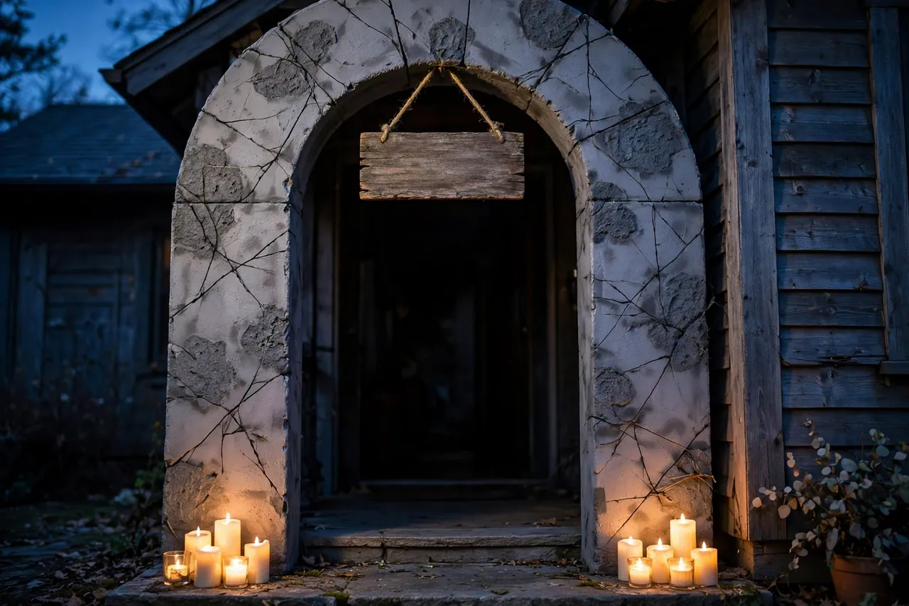 Homemade foam-board entry arch painted like old stone with cracks, a blank weathered sign hanging above a dark doorway, and glowing battery candles at its base at dusk.