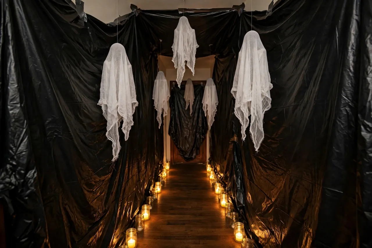 Haunted-house hallway lined with black plastic sheeting, cheesecloth ghosts hanging overhead on fishing line, and glowing jars of battery tea lights at ankle height.