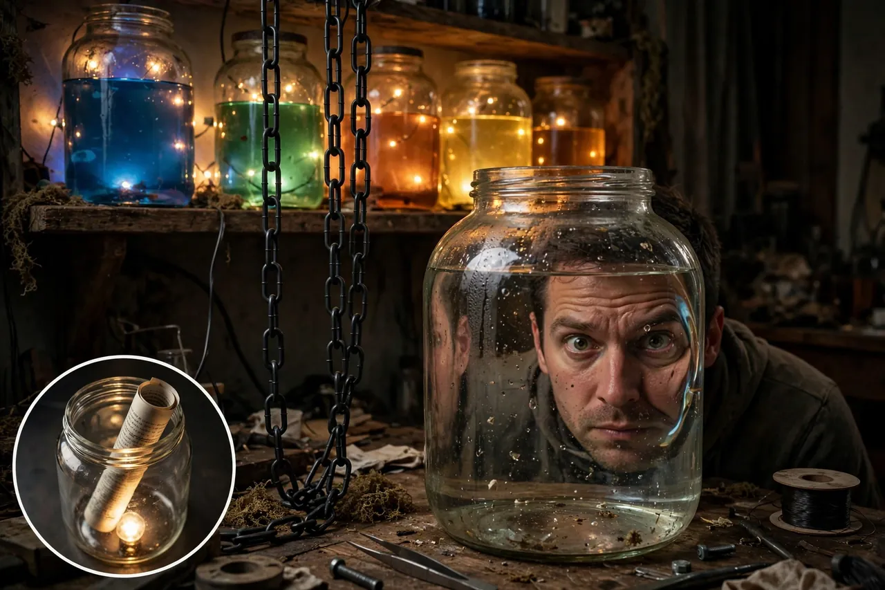 Mad-scientist lab table with glowing specimen jars of colored water, one jar with a face magnified through the water, plus a magnified inset showing the rolled printed photo trick inside a jar.