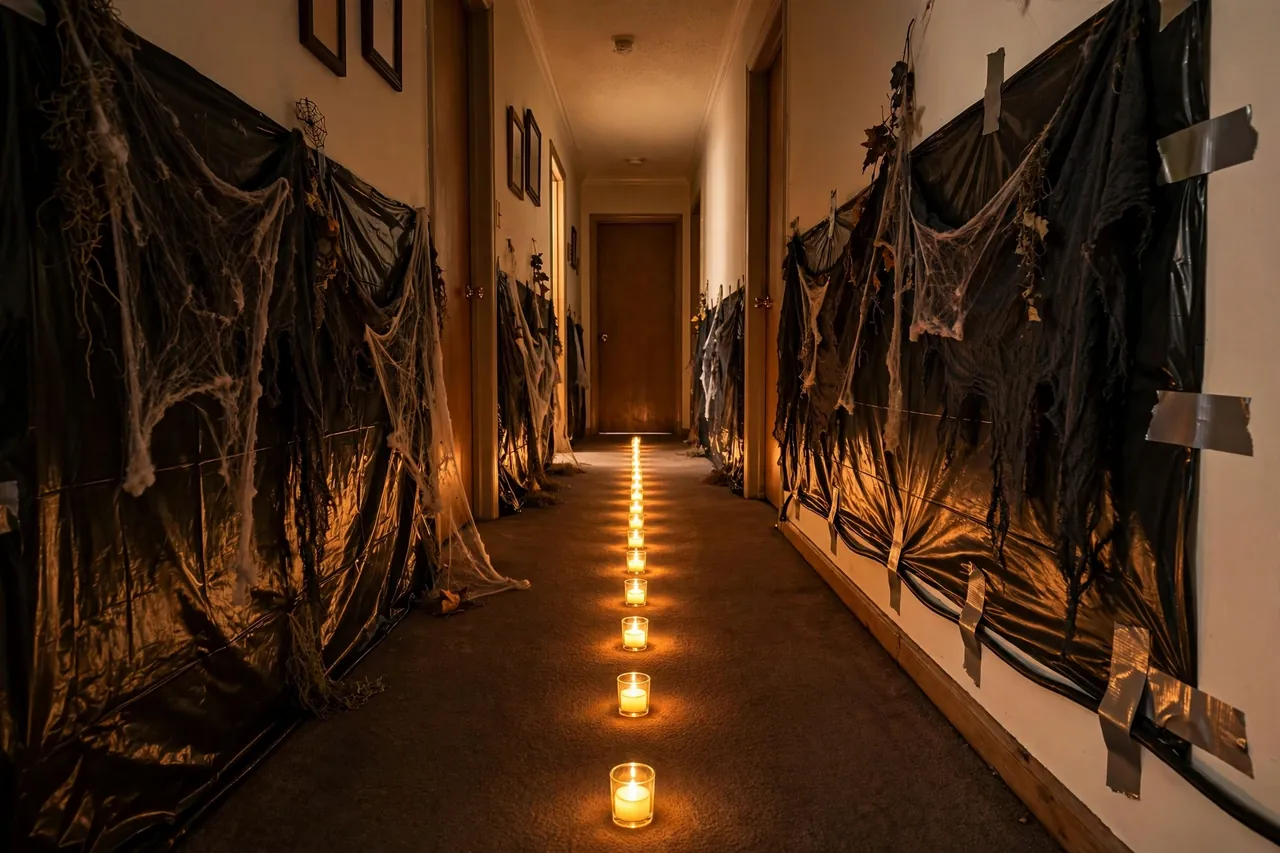 Dark corridor with a wide clear walking path marked by a straight row of warm LED tea lights, decorations kept on the side walls away from the route.