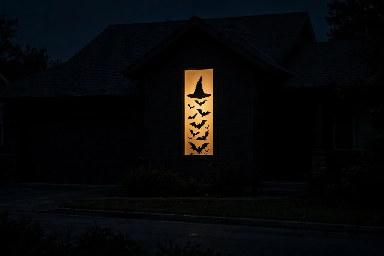 Dark house at night from the street with a single tall window glowing amber behind a witch's-hat and rising-bats silhouette, everything else nearly black.