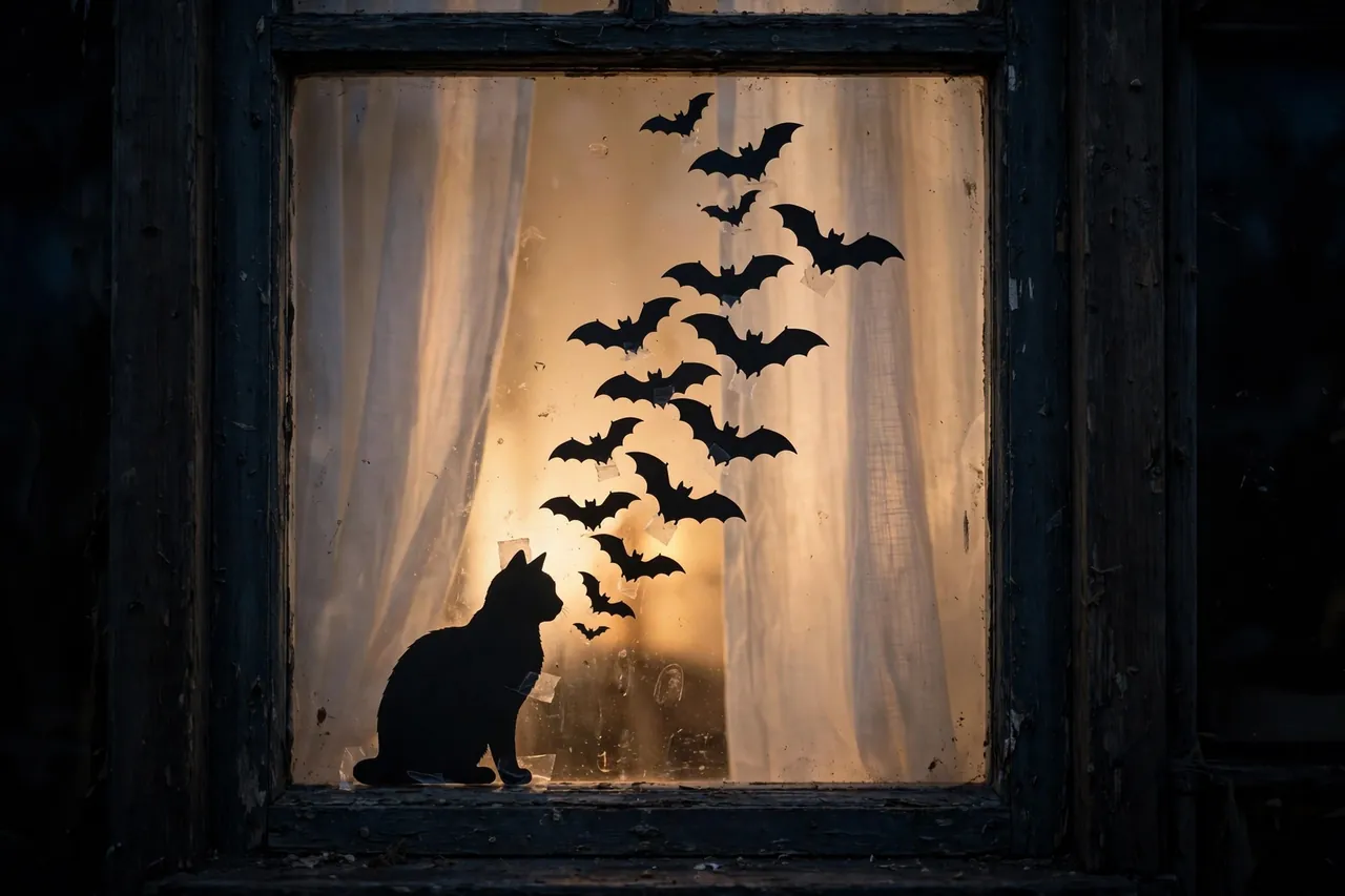 Close-up of a night window from outside: black cardstock silhouettes of a cat and a rising spiral of bats on the glass, warm room light glowing behind a sheer curtain.