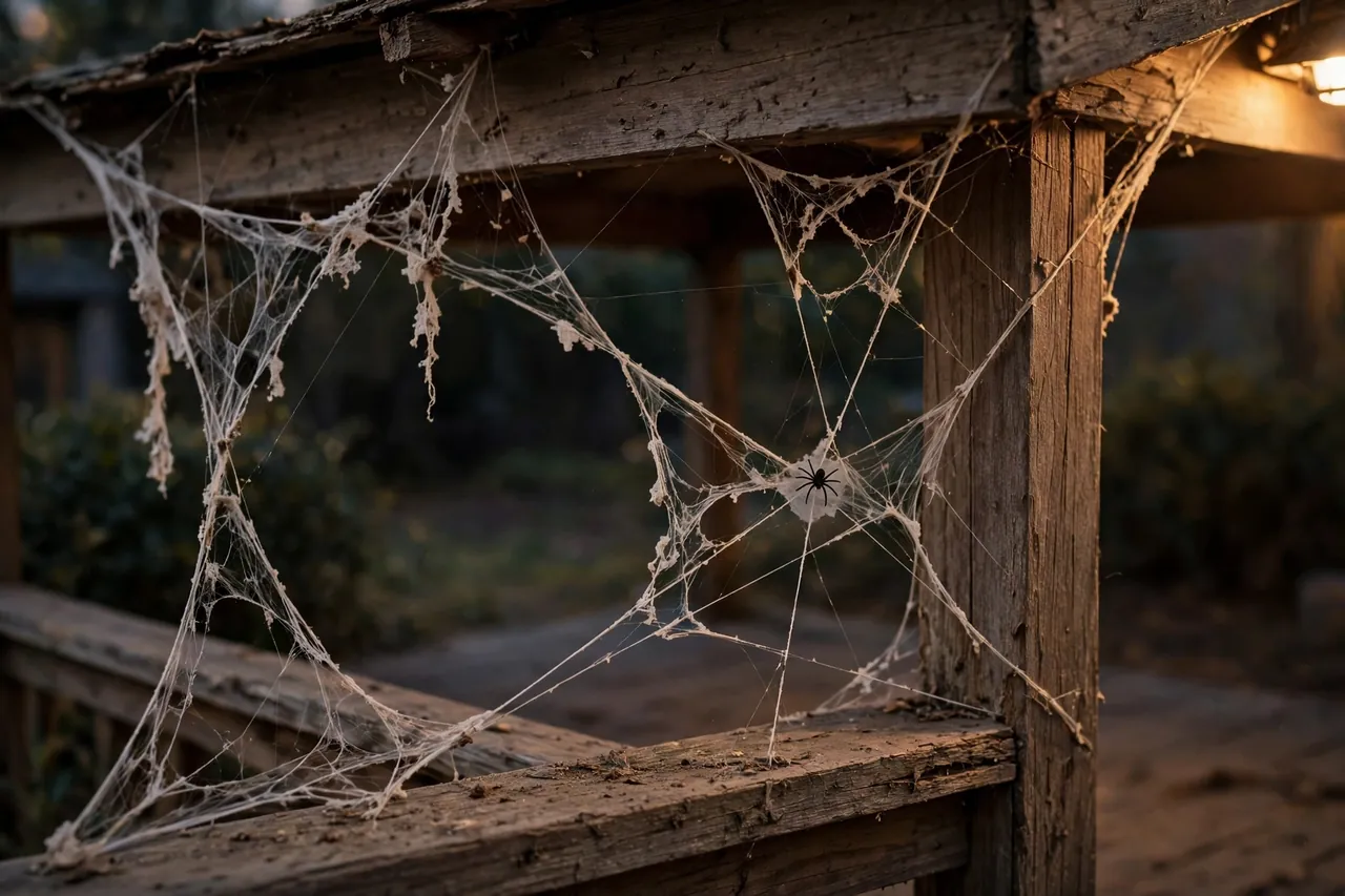 Porch rail corner with thin, nearly see-through fake webbing stretched in loose triangles, torn uneven edges, one small black spider at a strand intersection.