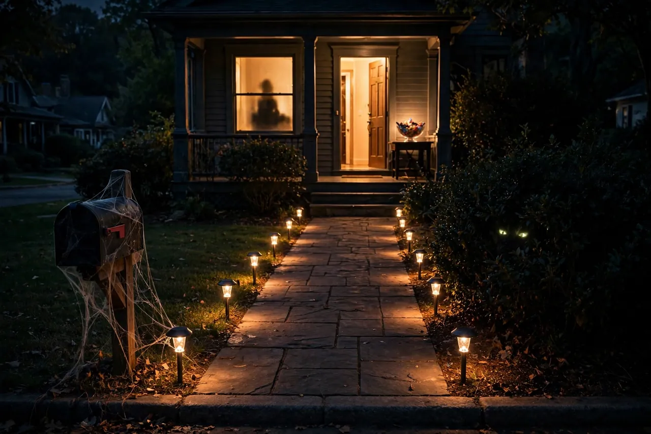 Night entry sequence: walkway edged with steady warm path lights, webbed mailbox, glowing eyes in a shrub, backlit window silhouette, and a bright warm doorway with a candy bowl.
