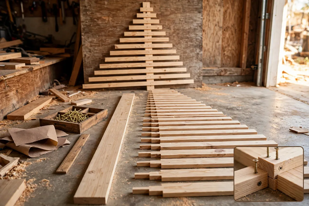 Slatted wooden Christmas tree build in progress in a workshop, with cut slats laid out in order beside a trunk board, a finished slatted tree behind, and a close-up inset of screws joining slat to trunk