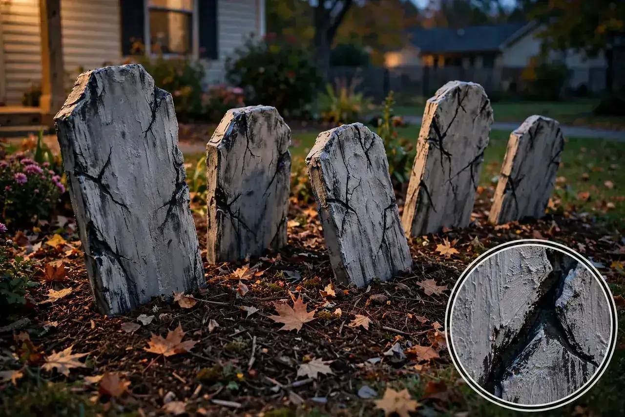 Uneven handmade foam tombstones leaning in a mulched flower bed at dusk, dry-brushed gray with black-shaded carved cracks, plus a magnified inset showing the dry-brushed paint detail.