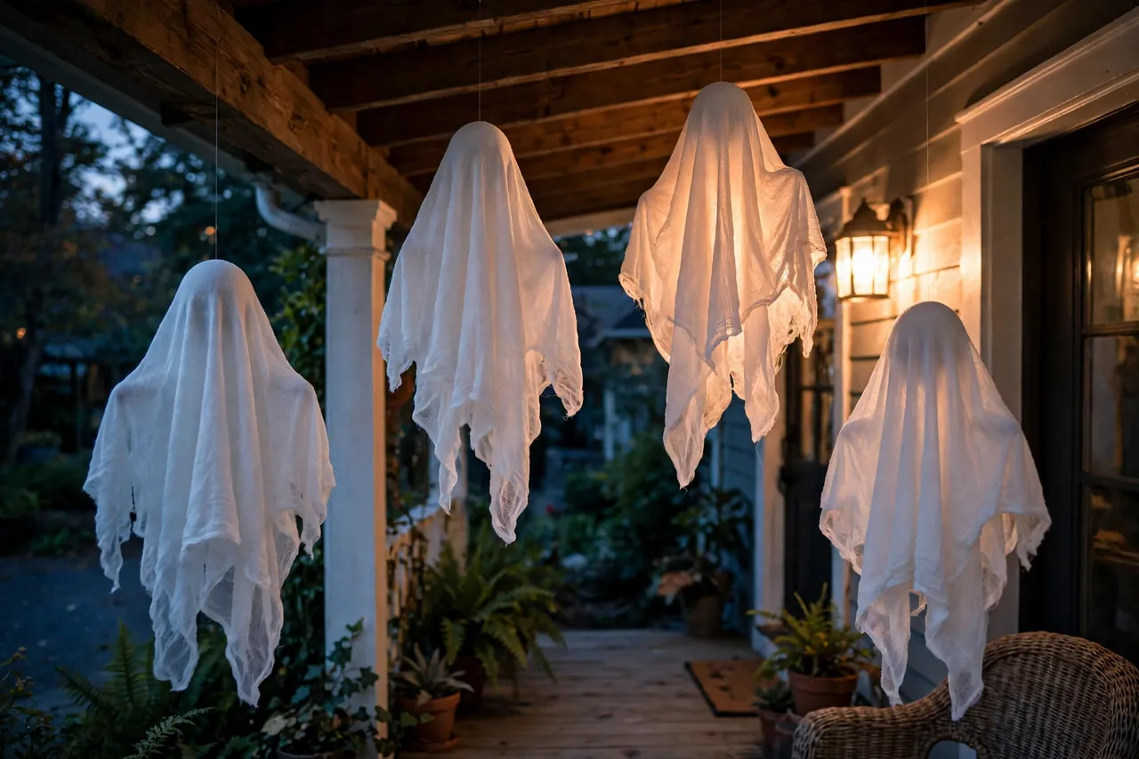 White cheesecloth ghosts hanging from a porch beam at different heights on fishing line, glowing softly in warm porch light at early evening.
