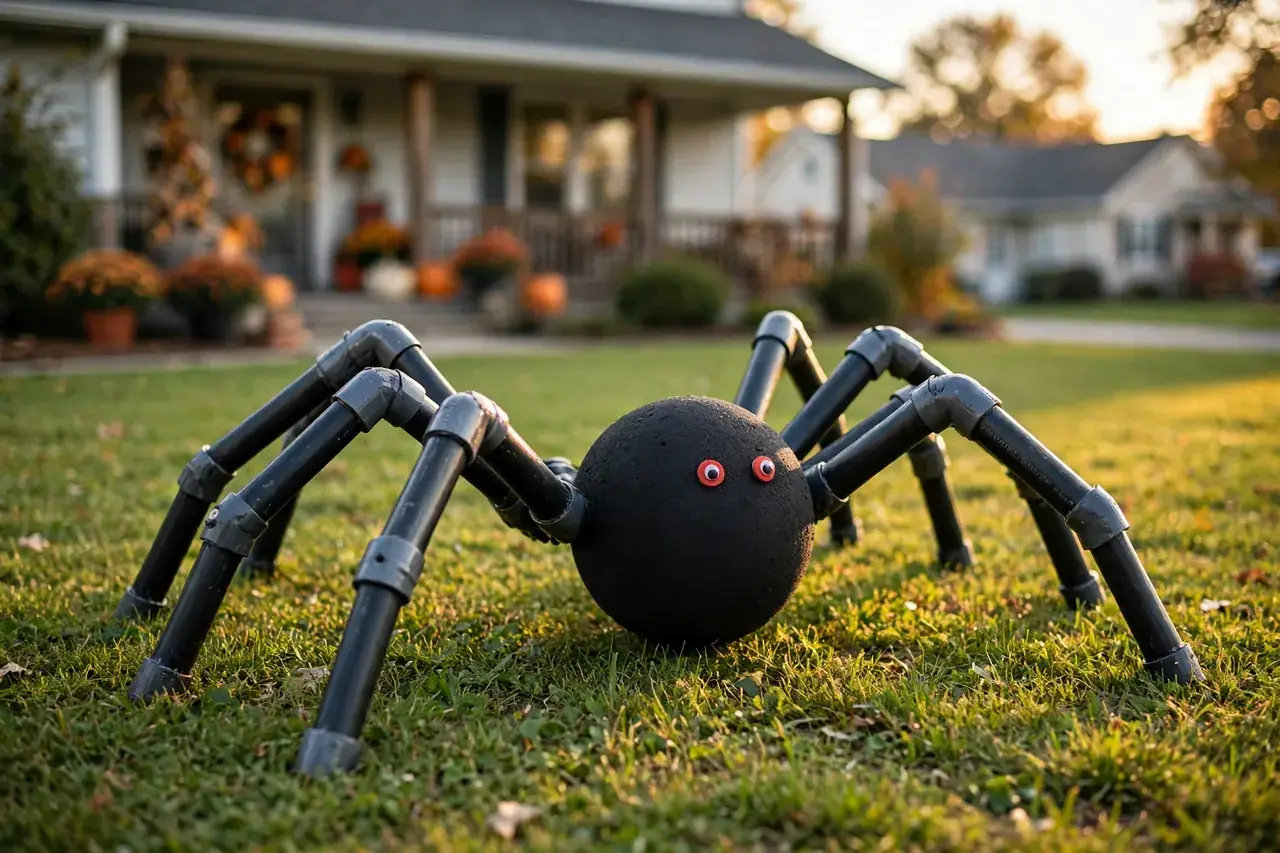 Giant handmade Halloween spider with a black foam body and PVC pipe legs crouched low on a lawn, red craft eyes, house softly blurred behind.