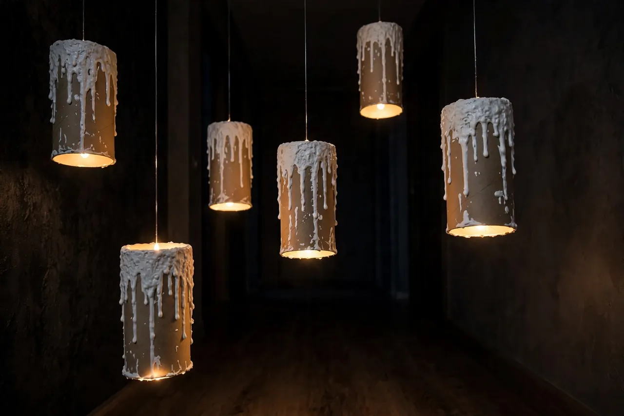 Cream cardboard-tube candles with painted melted-glue drips hanging at varied heights on fishing line in a dark hallway, warm LED tea lights glowing inside each.