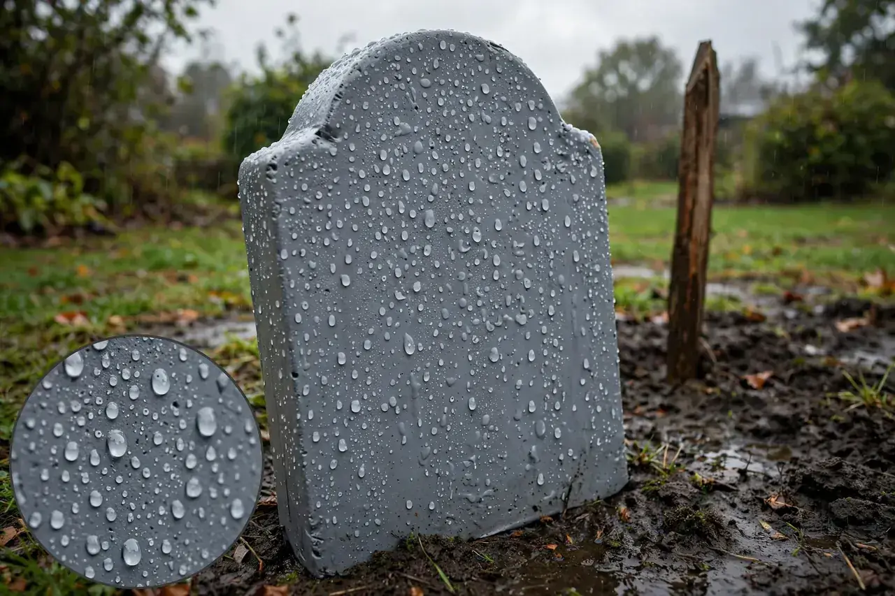 Sealed gray foam tombstone in a yard after rain with water beading on the surface, stake driven deep into soil, plus a magnified inset showing water beading on the sealed paint.