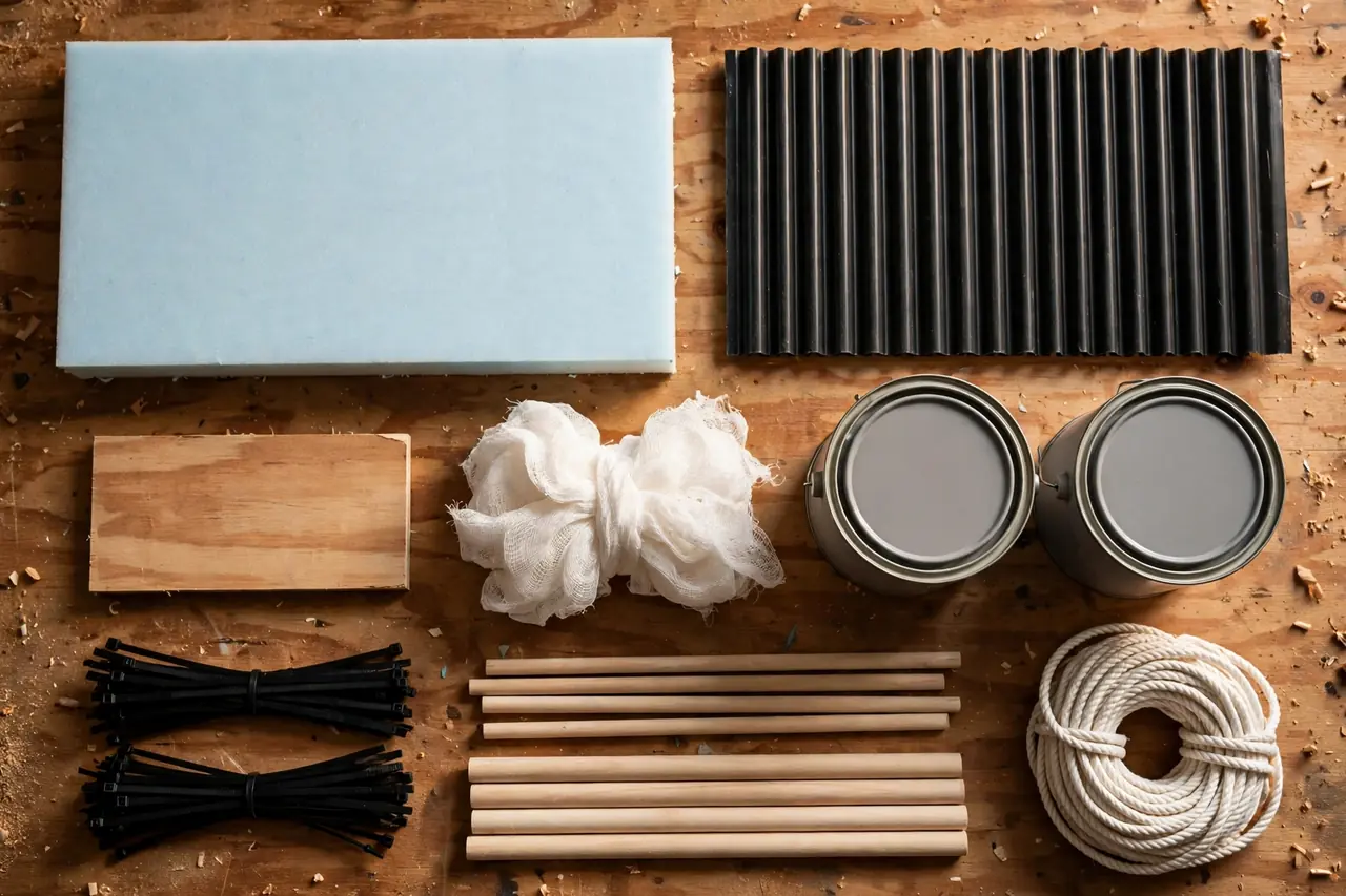 Flat lay of Halloween build materials on a workbench: foam board, plywood, corrugated plastic, cheesecloth, gray paint cans, rope, cable ties, dowels