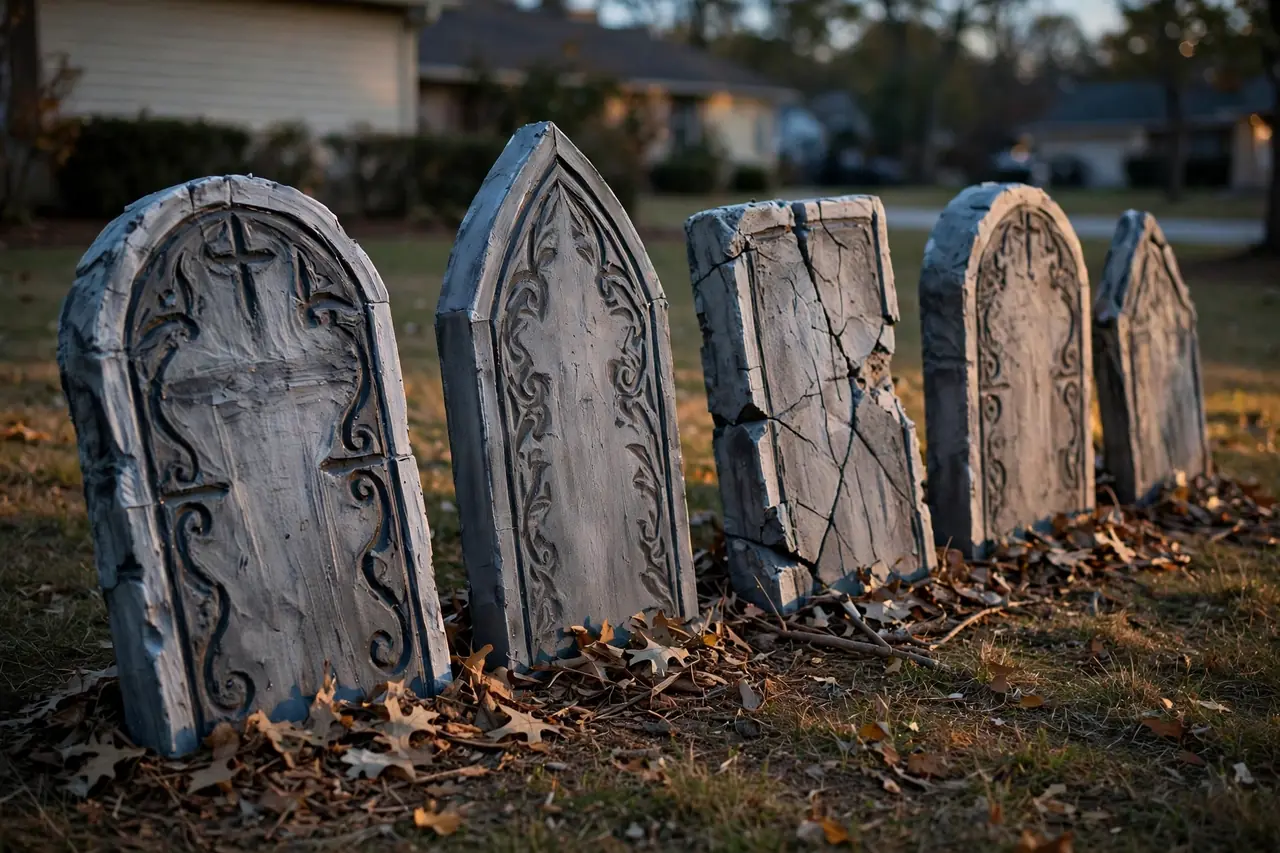 Row of handmade foam tombstones with varied rounded, pointed, and cracked tops, dry-brushed gray paint, tilted on a lawn with mulch and leaves