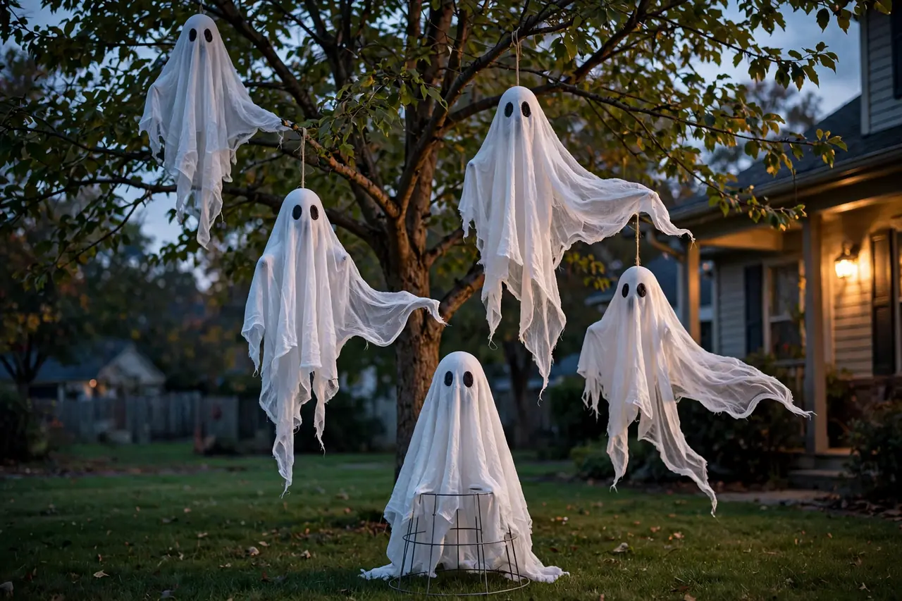 Cheesecloth ghosts hanging from tree branches at different heights plus a standing ghost draped over a tomato cage