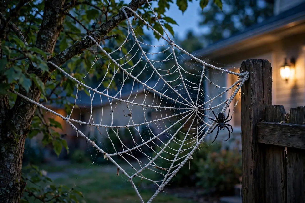 Rope spider web with spokes and spiral weave strung between a tree and a fence post, black spider attached off-center