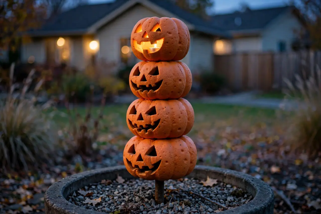 Foam pumpkins in descending sizes stacked on a metal rod rising from a gravel-filled planter, tea light glowing in the top pumpkin