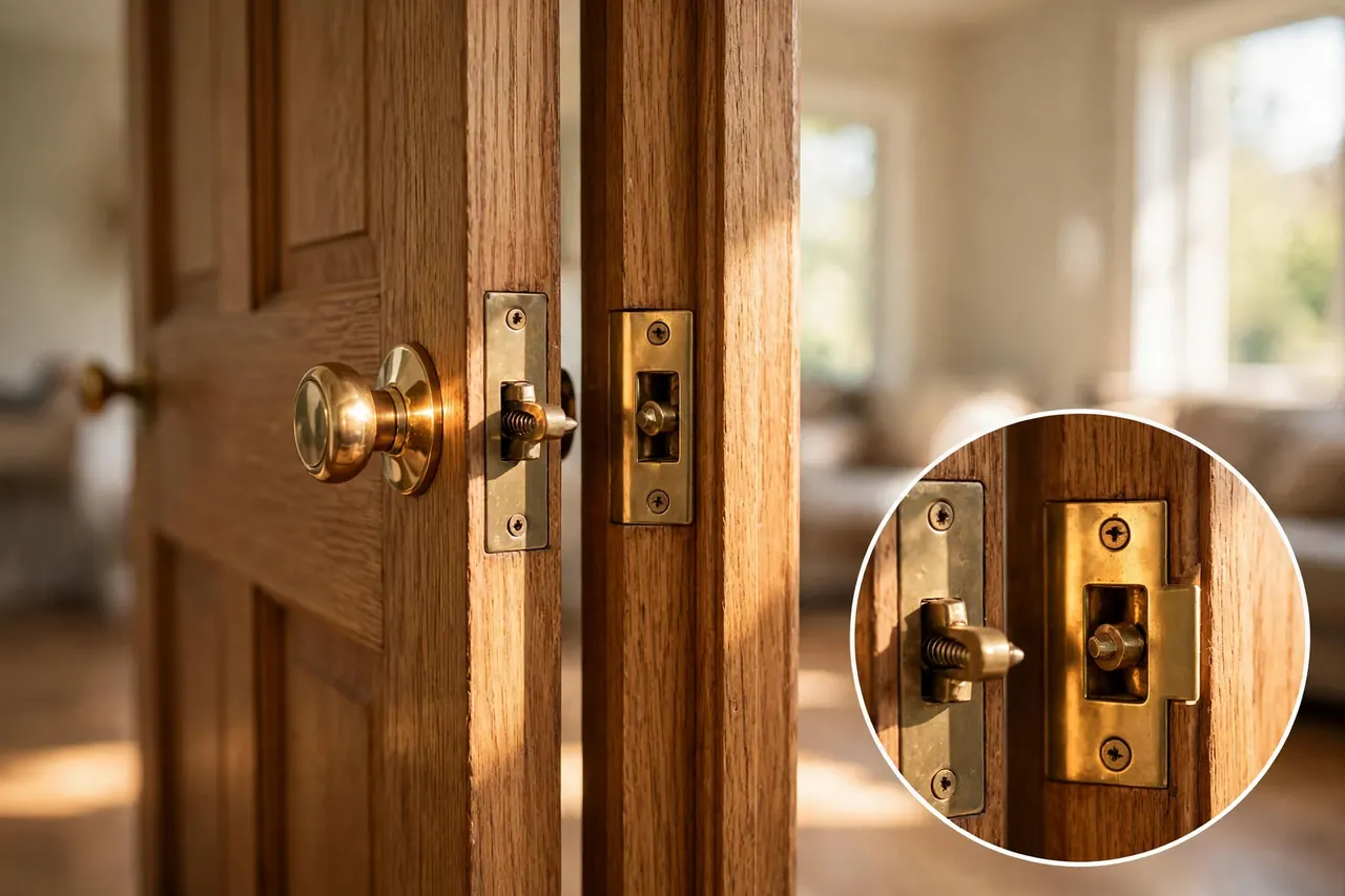 Door edge and frame with the latch bolt meeting the strike plate and the cylinder and faceplate highlighted