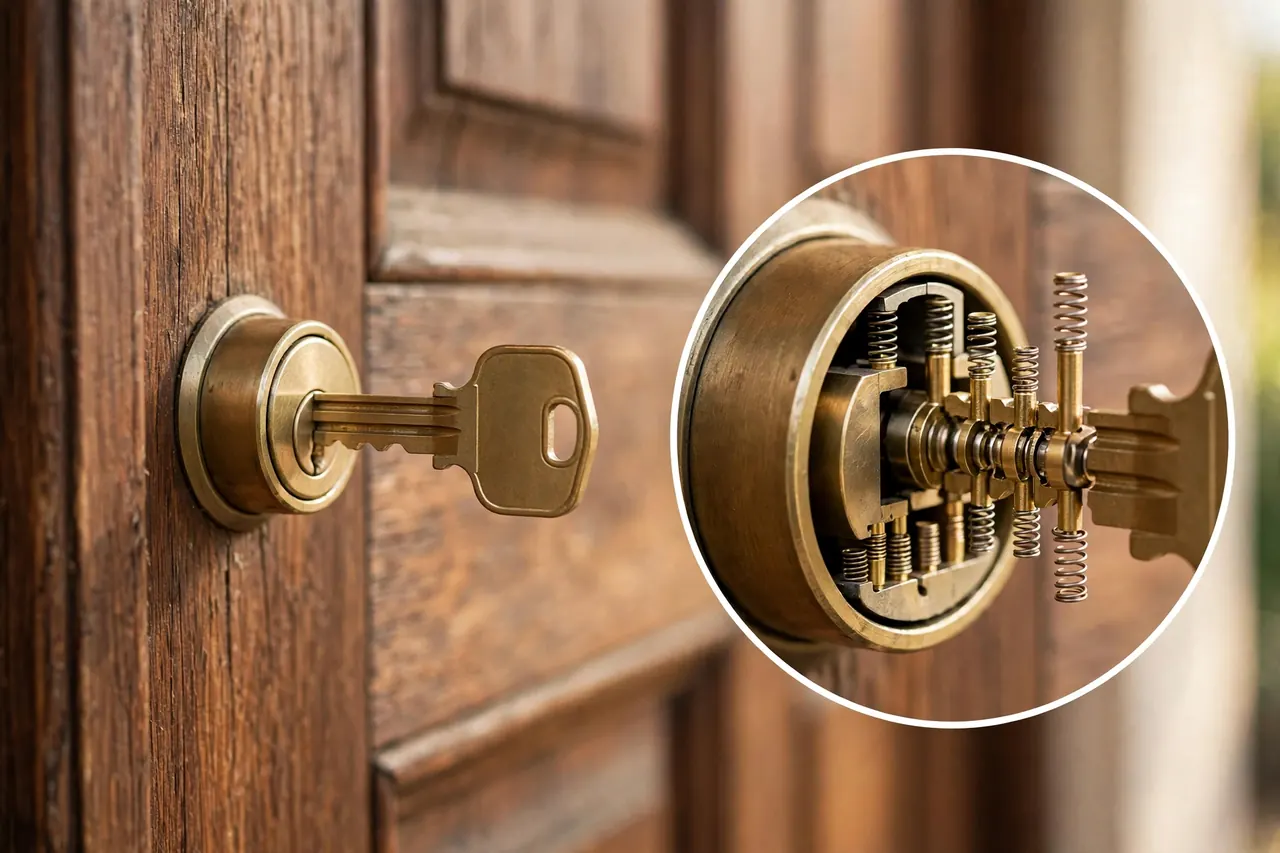 Key in a door cylinder with a cutaway view of the pins and springs inside the plug