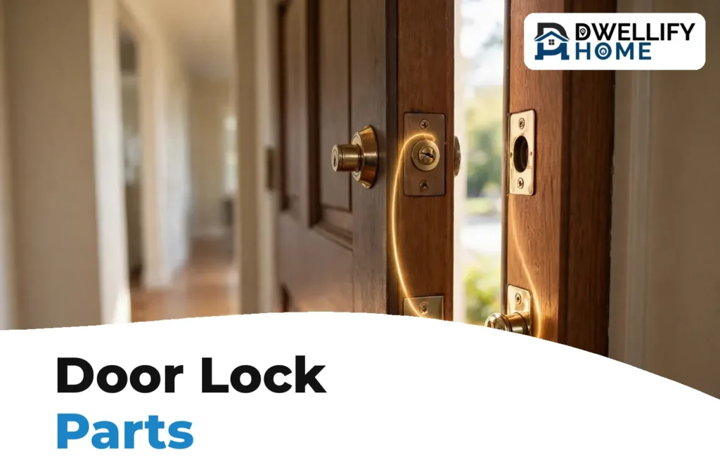 Front door lock parts — deadbolt and latch bolt at the door edge with the strike plate on the frame