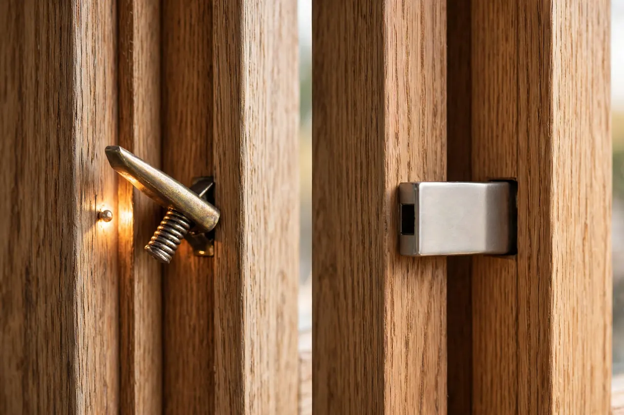 Angled spring latch bolt beside a flat-ended dead bolt on a door edge