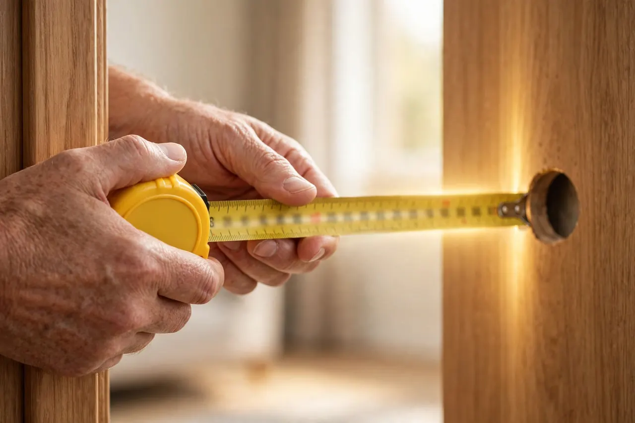 Measuring the backset on a door edge with a tape measure from the edge to the center of the bore