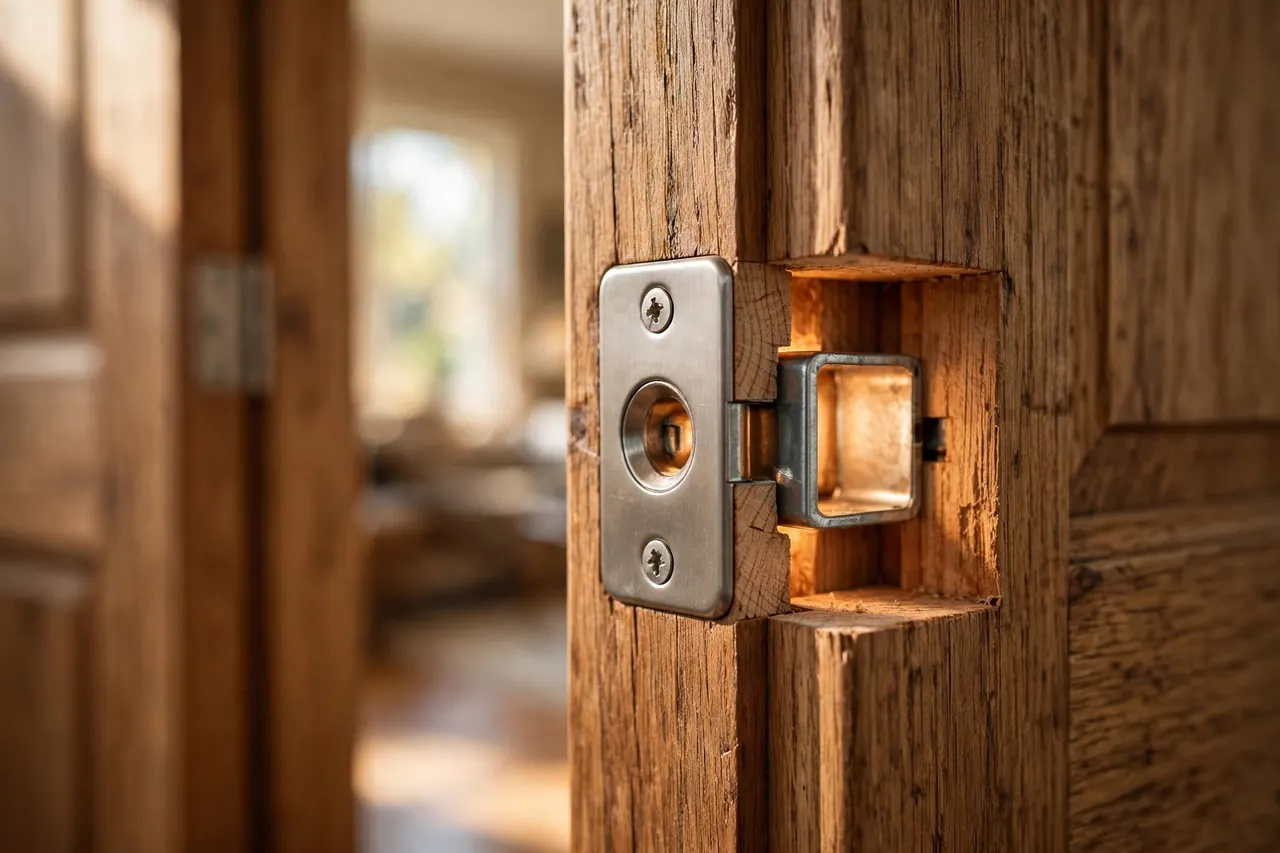 Deadbolt strike plate on a door frame with the strike box hidden behind it in the wood