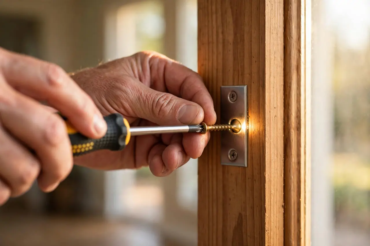 Hands driving a long screw through a strike plate into a door frame