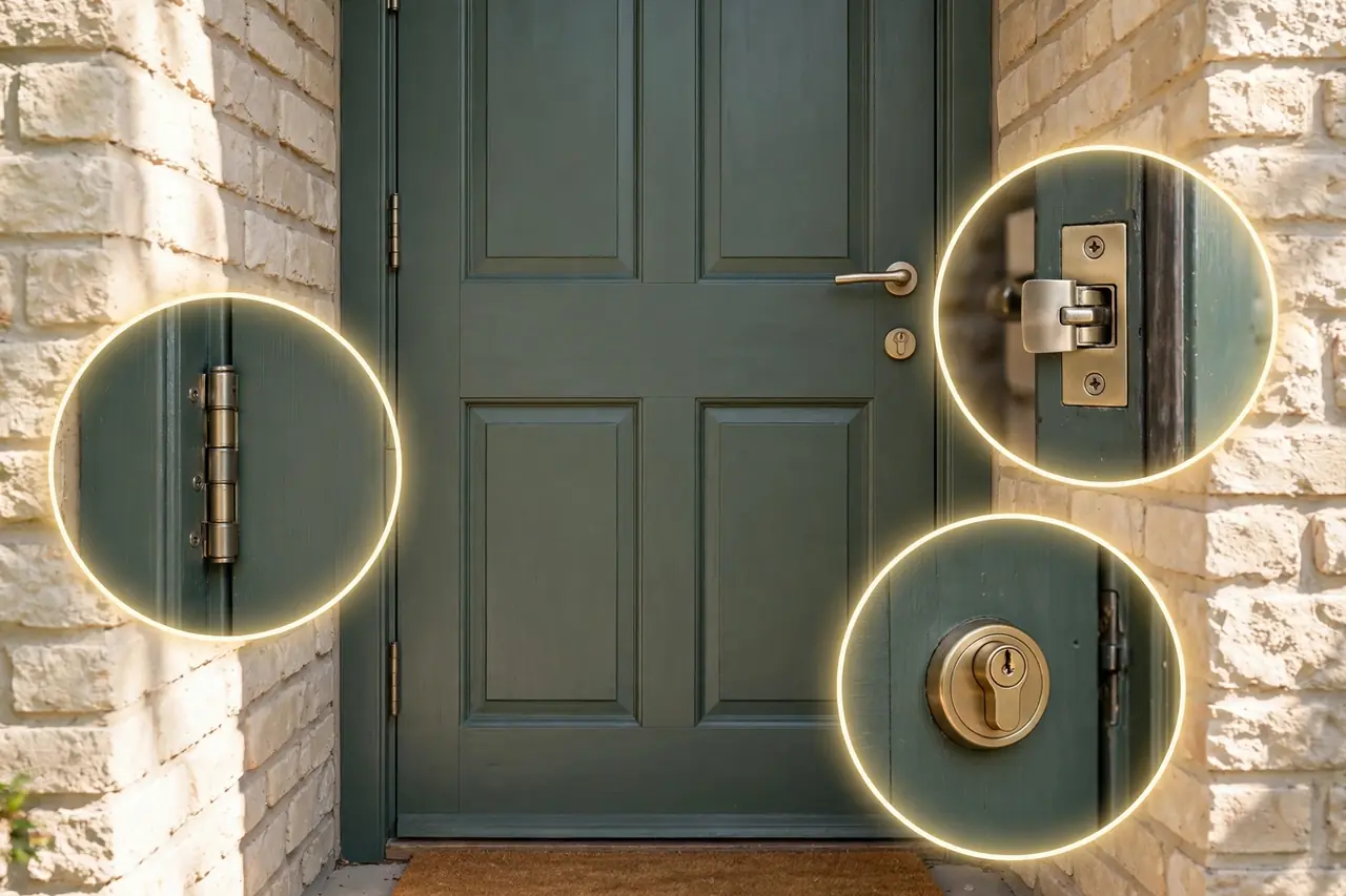 Entry door with magnified insets at the strike, the cylinder and the hinge edge showing where attacks land