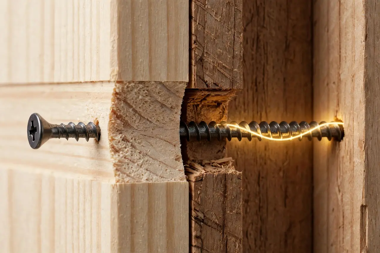 Cutaway of a door jamb showing a short screw ending in the jamb beside a long screw anchored into the wall stud