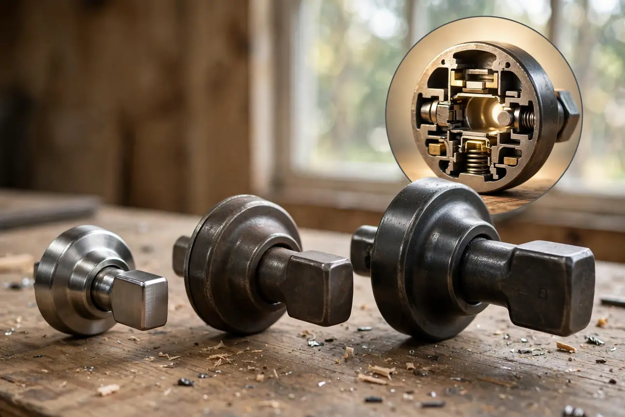 Three deadbolts of increasing heft on a workbench with a magnified inset of a solid bolt cross-section