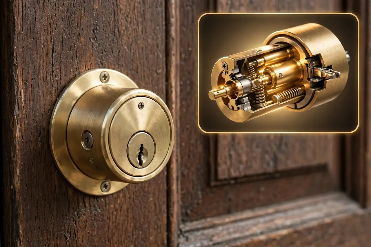 High security cylinder in a door with a cutaway inset showing its sidebar and rotating pins